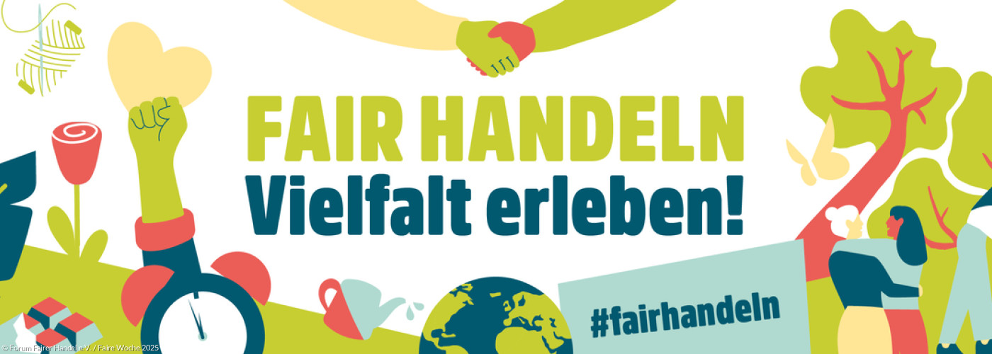 Logo der Fairen Woche 2025 (Mottoschild „Fair Handeln - Vielfalt erleben!“)